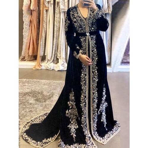 Navy Blue Evening Dresses A-line V-neck Long Sleeves Appliques Beaded Moroccan Kaftan Dubai Saudi Arabia Long Prom Dress Gown