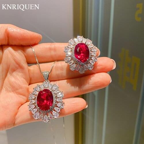 Vintage 925 Sterling Silver 12*16mm Ruby Lab Diamond Pendant Necklace Ring for Girlfriend Charms Wedding Party Jewelry Sets Gift