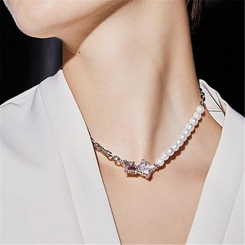 Vintage Baroque Irregular Pearl Chain Item 2021 Geometric Two-color Zircon Splicing Necklace Ladies Punk Jewelry