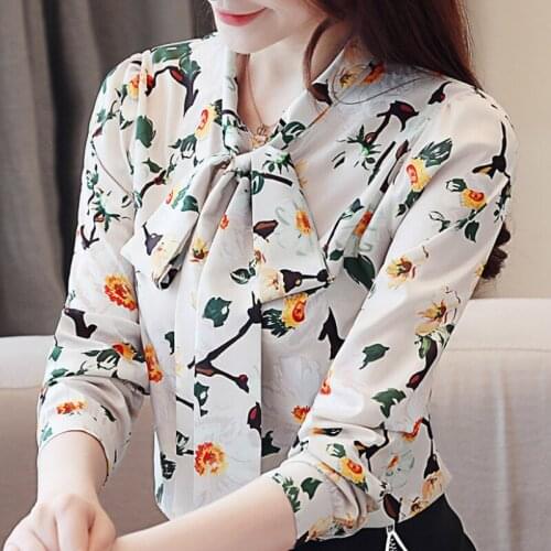 Blusas Mujer De Moda 2021 Blouse Women Long Sleeve Women Blouses Shirts Bow V-neck Print Chiffon Blouse Shirt Women Tops A881