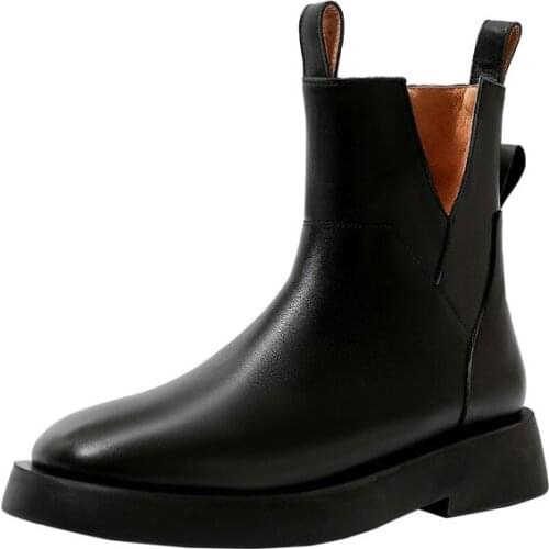 Fashion Black Boots High Quality Cow Leather Buckle Zipper Round Toe Womens Shoes Handmade New Ankle Boots