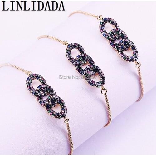 6Pcs 3-Circle shape Rainbow Cz Zirconia Bracelets for Women. Micro Pave CZ Charm Bracelet Jewelry