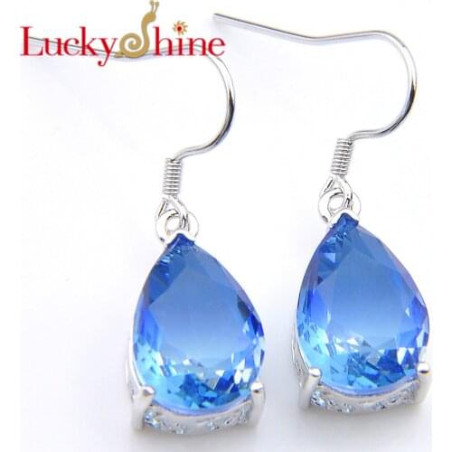 New Luckyshine Valentines Waterdrop Gradient Blue Tourmaline Crystal Zirconia Silver Engagement Drop Earrings For Women Jewelr