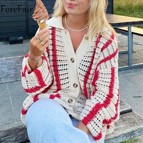 Forefair Long Sleeve Knitted Cardigan Women Loose Y2K Stripe Autumn Winter Fashion Casual Red Oversized V Neck Sweater Top
