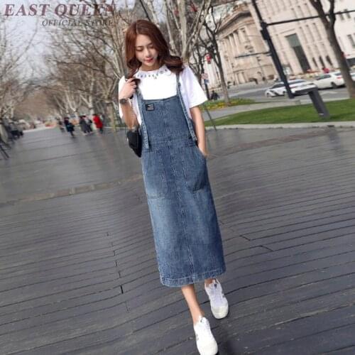 Denim Dresses Summer 2019 Overall Dress Women Suspenders Elastic Waist Pocket Dress Midi Long Jean Dresses Women 2019 AA4905