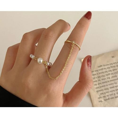 Boho Minimalist Golden Round Wide Chain Ring Womens Retro Fashion Imitation Pearl Joint Thin Rings Girl Party Jewelry Gift