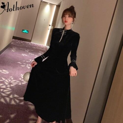 Long Flare Sleeve Collar Cheongsam Party Evening Dress Autumn High-end Women Dress Vintage Elegant Velvet A-Line Dress Vestidos