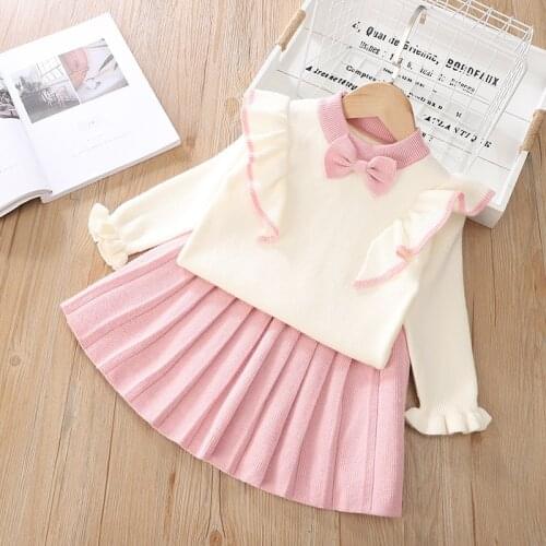Winter baby girl clothes Sweater Suit 2021 Autumn Winter Long-sleeved Bow Top + Skirt Sets toddler girl sweaters knit sweater