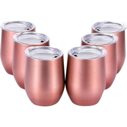 1 Set 6 Pcs 12 Oz Unbreakable Drinkware Stemless Wine Tumbler Stainless Steel Triple-Insulated Vacuum Wine Glass Cup with Lids