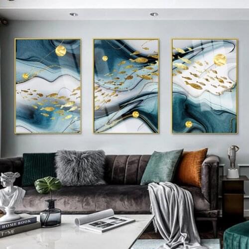 3Pcs Gold Lines Green Blue Wavy Geometric Poster New Chinese Canvas Print Contemporary Painting Wall Art Home Decor Picture