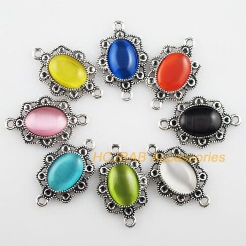 8 New Oval Charms Tibetan Silver Stone Mixed Connectors 18x29mm