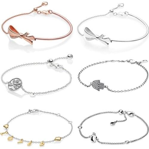 2020 NEW 100% 925 Sterling Silver Brilliant Bow Sparkling Crown O Chain Bracelet Fit DIY Women Original Fashion Jewelry Gift