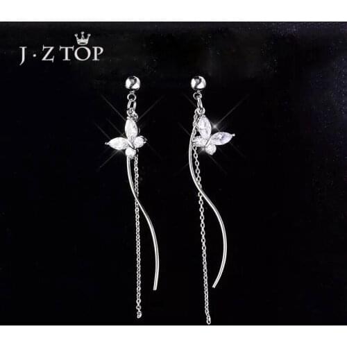 JZTOP Long Tassel Earrings Zirconia Butterfly Pendant Stud Earrings Spiral S Shape Earring Female Wedding Parties Jewelry Gift