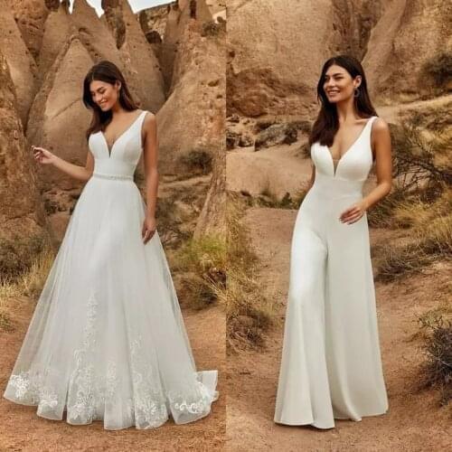 Elegant Wedding Dresses Detachable Train Jumpsuit Women Pant Suits Lace Appliques Beaded Bohemian Bridal Gowns Vestido De Noiva