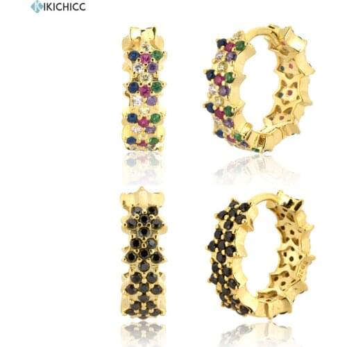 Kikichicc 100% 925 Sterling Silver Gold Rainbow Zircon CZ Hoops Large Thick Huggies Circle Luxury Black Fashion Jewelry