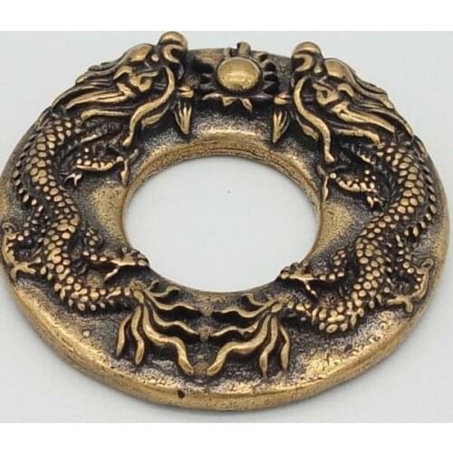 Chinese Collectible Exquisite Old Handmade carving Pure brass Double Dragon