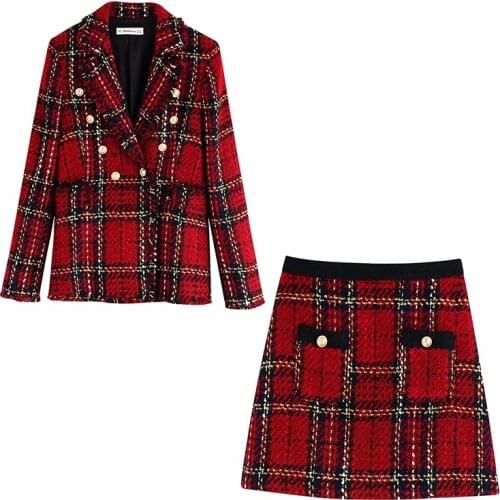 Red Plaid Blazer 2021 Women Spring-Autumn Vintage Tweed Suits Jackets Office Ladies Chic Slim Blazers Girls Tassel Tops Set Coat