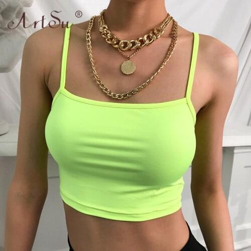 ArtSu Sexy Red Cami Crop Top 2020 Casual Neon Green Women Tank Top Summer Tops Tees Girls Bustier Club Camisoles Streetwear