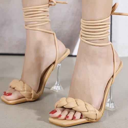 Summer Transparent Heels Women Sandals Fashion Weave Design High Heeled Lady Party Shoes Women Lace-up Gladiator Sandals WSH4016