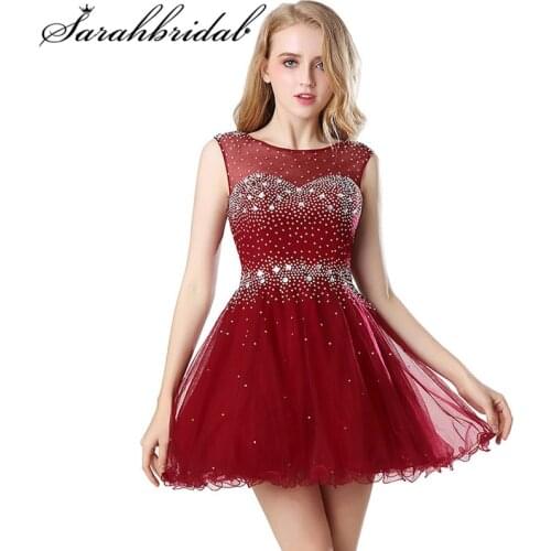 Sweet Burgundy Short Homecoming Dresses Sheer Neck Backless Tulle Crystal Beads Women Girl Party Graduation Cocktail Gowns AJ032
