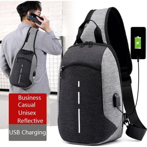 Multifunction Mens Shoulder Bag External USB Charging Crossbody Bag Male Waterproof Reflective Travel Chest Bag Fanny Pack