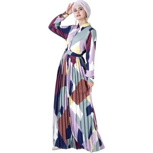 Muslim Fashion Turkey Abaya Geometric Print Organ Pleated Long Skirt Vestido Arabe Feminino Abaya Grande Taille Musulmane Dress