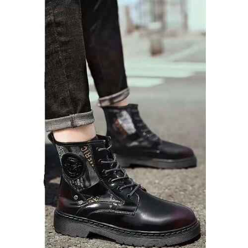 Mens Spring Autumn Boots Leather Face Round Head Middle Tube Lace Up Large Casual Boots Fashion Splicing Couple Boot Size 35-46