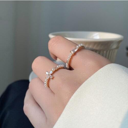 New Korean Square Crystal Pearl Rings Set For Women Girls Open Finger Rings joint tail Ring Female Trendy Fashion Jewelry