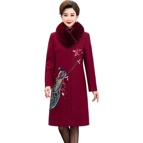 Women Autumn Winter new Woolen coat female High quality Middle age clothing Fur collar embroidered Wool coats Ladies coats 5XL