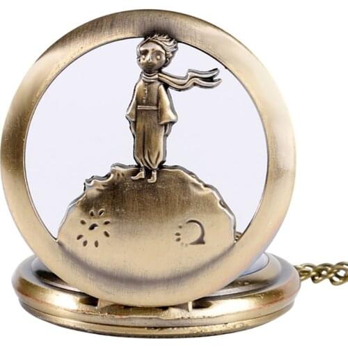 Retro Bronze Little Prince Pocket Watch Fashion Fob Quartz Clock Chain Blue Planet Necklace Pendant Gift for Children Boys Girls