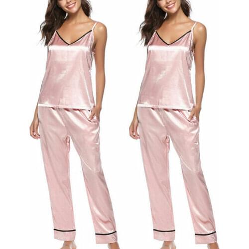 Sexy Women Silk Satin Pajamas Set Sleepwear Loungewear Sleeveless Top Long Pants S-XL Nightwear Homewear 2Pcs