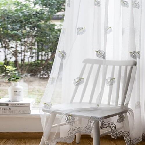 Nordic Leaf Embroidered Window Curtain White Tulle Curtains for Living Room Bedroom Study Bay Window Luxury Decor Drapes