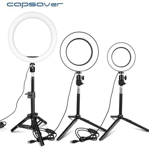 Capsaver LED Selfie Ring Light Dimmable Makeup Annular Lamp USB Tabletop Shooting Photo Video Light with Tripod Phone Holder