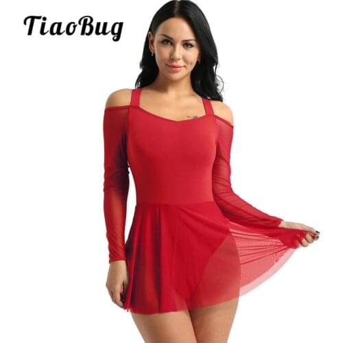 TiaoBug New Women Ballet Tutu Dress Off The Shoulder Long Sleeve Halter Ballerina Leotard Bodysuit Female Lyrical Dance Costumes