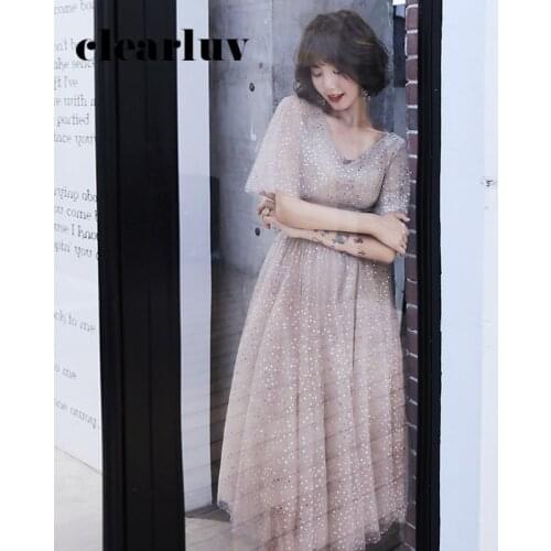 A-Line Tea-Length Elegant Prom Dress DR391 Double V-Neck Banquet Dresses For Women Sparkling Sequin Formal Vestidos De Fiesta