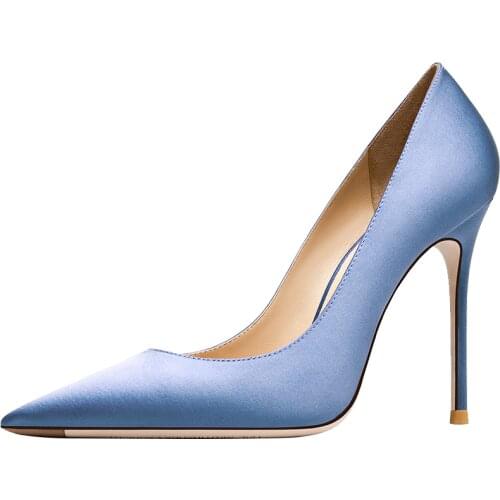 Elegant Blue Silk Women Sexy Pumps Autumn Shoes Genuine Leather Spring Thin Heel Stilettos Young Ladies High Heeled Shoes