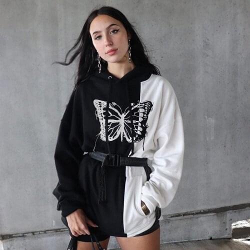Womens street new black and white contrast butterfly print Hoodie Crop Tops Autumn Clothing Coats