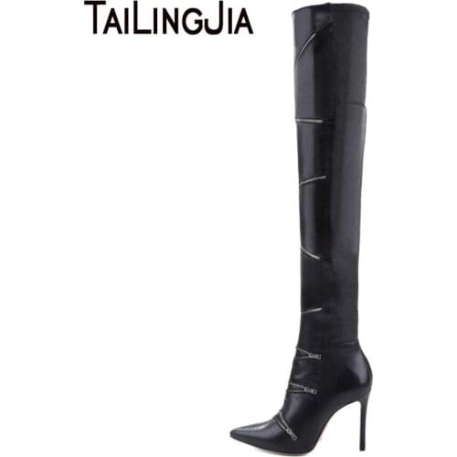 Women Black PU Zipper Metal Over Knee Boots Brand High Quality High Heel Women Winter Fashion Special Design Boots Pointed Toe