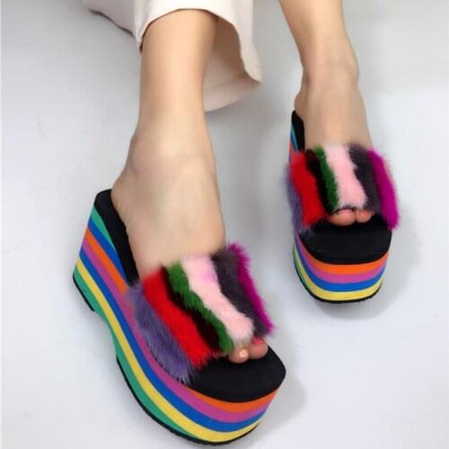 Womens Rainbow Colors Real Fox Fur Decor Slipper Platform Muffin Super High Wedge Heel Shoes Slides Slingback New C824