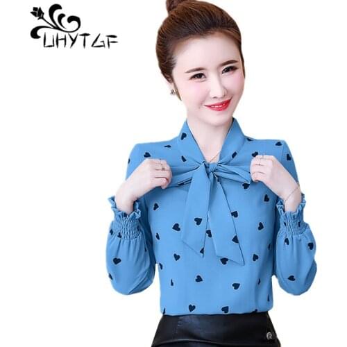 UHYTGF Womens Spring Blouses Fashion Dot Bow V-Neck Casaul Tops Female Long Sleeve Loose 4XL Plus Size Chiffon Shirt Blusas 1436
