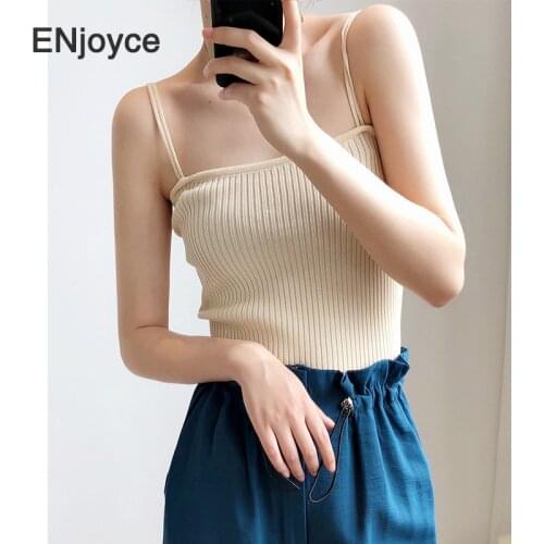 Women Basic Simple Double Strap Knitted Vest Spring Summer Ladies Slim Stripes Knitwear Sling Tank Top Female Camis Tops