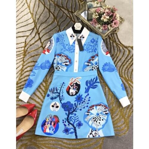 Women 1.11 Suit Fashion Vintage Turn-down collar Decoration Long sleeve Blouse+ High waist Beading Print A-line Skirt
