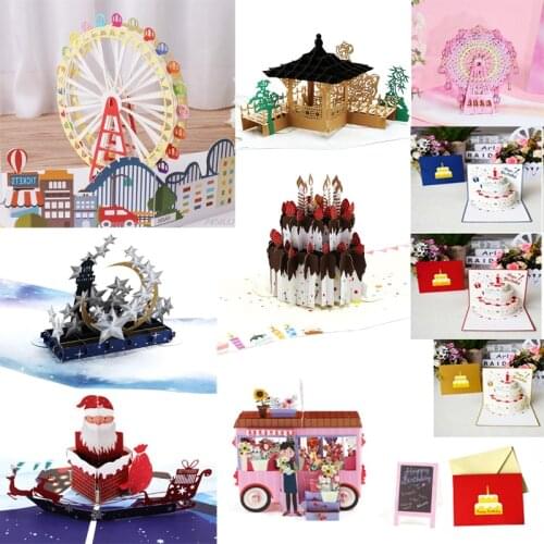 38 Styles Floats 3D Pop Up Ferris Wheel Cake Star Moon Ice Castle Greeting Card Valentine Christmas Envelope Birthday Invitation