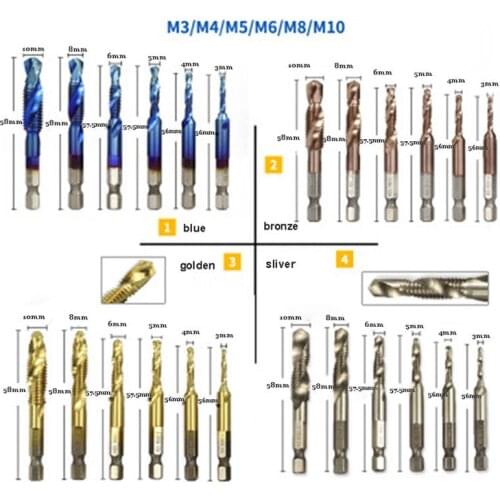 6Pcs M3-M10 Hex Shank Titanium Plated HSS Screw Thread Metric Tap Drill Bits High Speed Steel Titanium Quick Change Hex