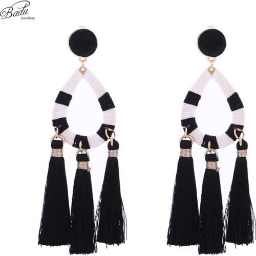 Badu Black Tassel Earring Long Dangle Drop Pendant Women Vintage Black and White Oval Big Earrings Wholesale
