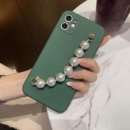 Liquid silicon Pearls Hanging Chain Case For iPhone 12 11 Pro Max 7 8 Plus XSMAX XR XS 6Plus Wrist Strap Bracelet Phone Case