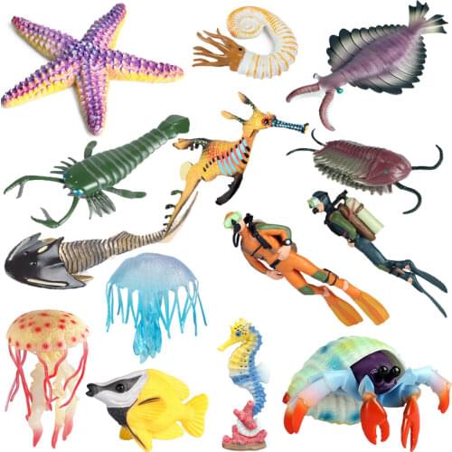 Diving Diver Ocean Animals Model Simulation Marine Life Hermit Crab Starfish Jellyfish Tropical Fish PVC Action Figure Kid Toys