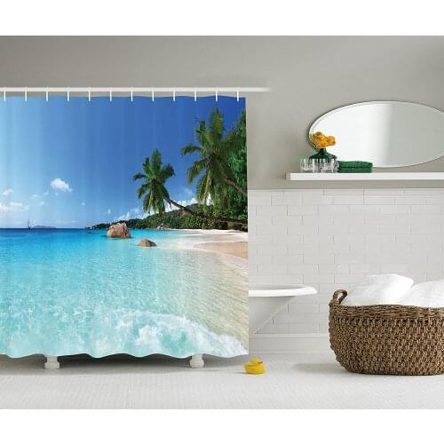 Beach Shower Curtain Ocean Decor Tropical Anse Lazio Beach at Praslin Island and Surf Beach Photography Print Bath Curtains