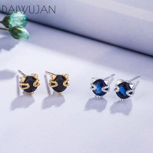 DAIWUJAN Korean Cute Cat Stud Earrings Lovely Black Red Blue Zircon Crystal 925 Silver Jewelry for Women Girls Birthday Gift