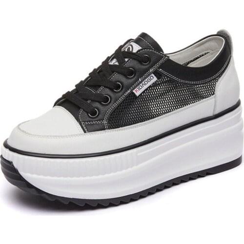 Genuine Leather 8cm Dad Shoes Chunky Sneakers Platform Heel Wedge Air Mesh Summer Shoes Vulcanized White Sneakers 2021